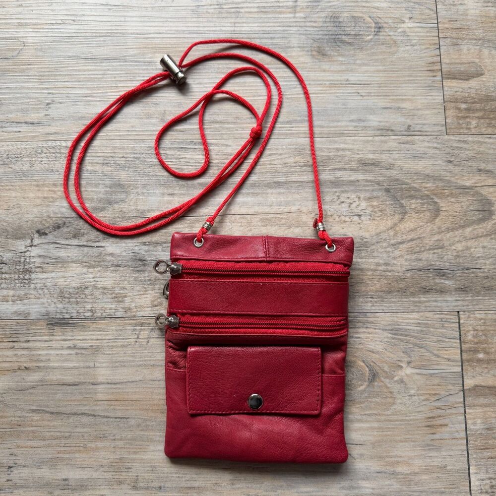 Red Leather Crossbody Mini Purse Multi Pocket Organizer Bag Vintage 90s